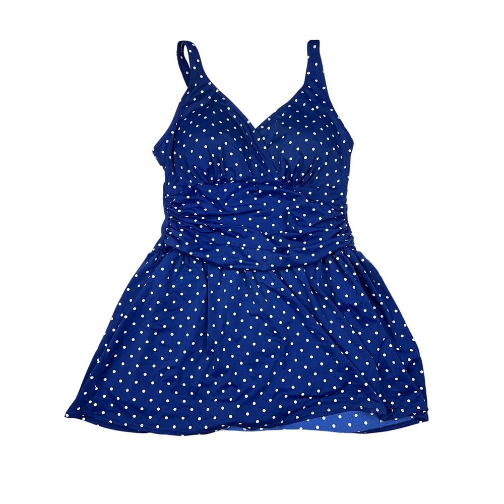 Denim & Co Swim Dress Ruched Flounce One Piece Blue Polka Dot Retro Rockabilly - Picture 2 of 8